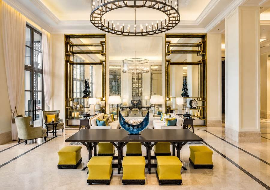 Antique mirror églomisé gold leaf lobby panels, St. Regis Langkawi