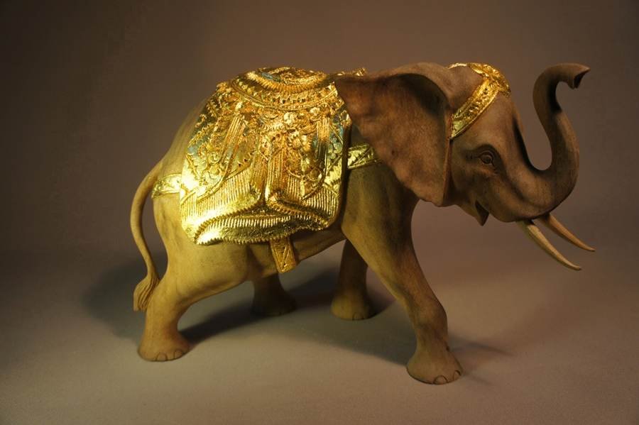 Fortune Elephant — carved wood with a 24K gold leaf gilded caparison