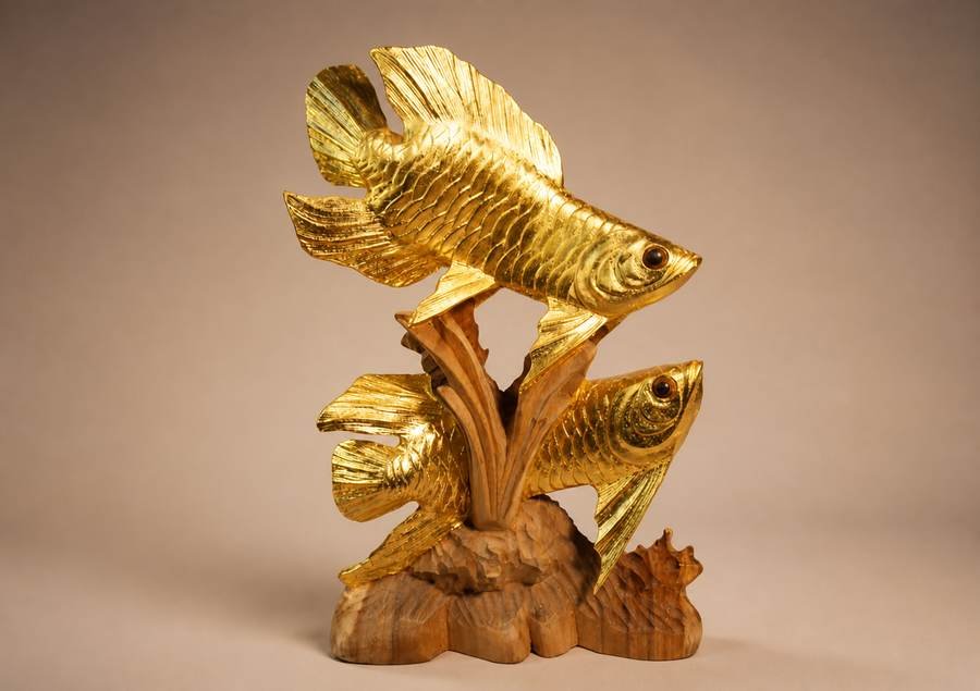 Pair of arowana gilded in 24K gold leaf over carved wood