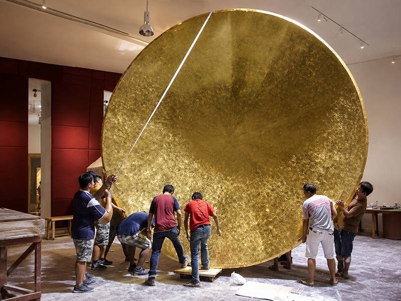 Monumental gold leaf gilded disc feature, hand-leafed in the GOLD'LIV studio
