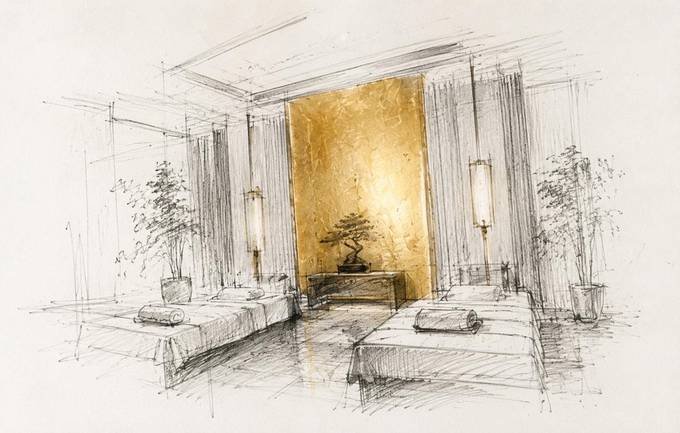 Hand-drawn design sketch of a spa with a gold leaf feature wall