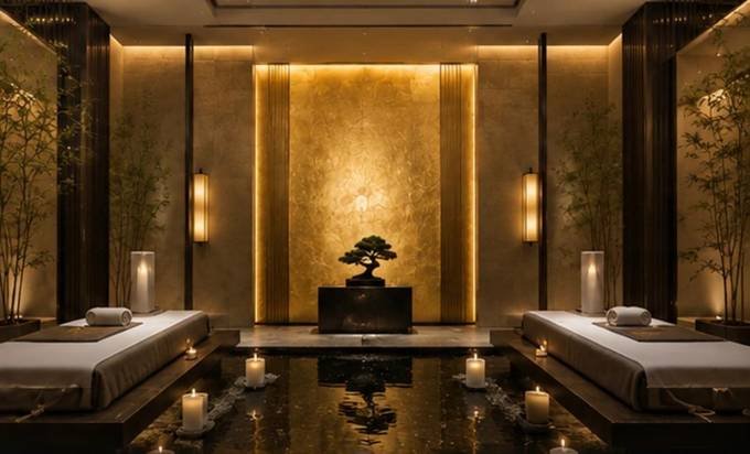 The finished spa, its gold leaf wall glowing at handover